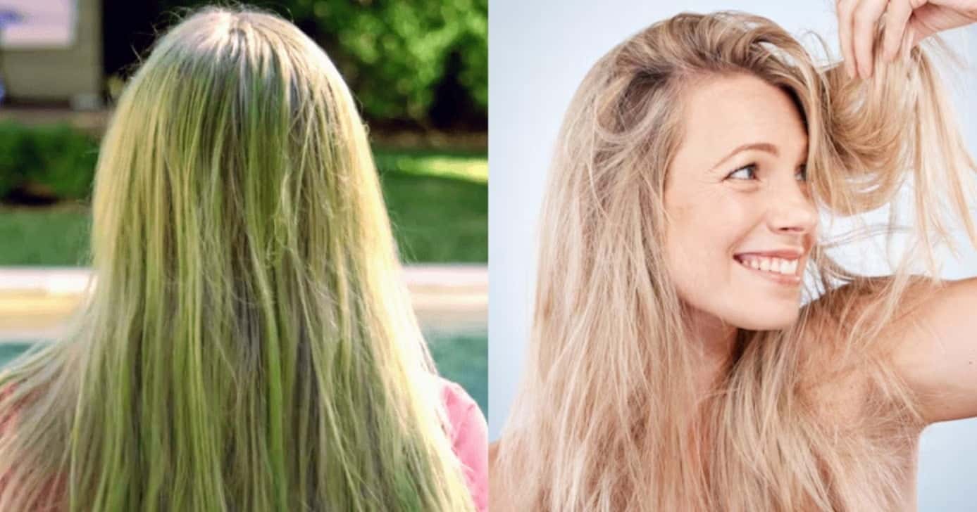 Cabelo esverdeado por causa do cloro ao lado de uma imagem com o cabelo loiro perfeito (Foto: Reprodução/ Internet)