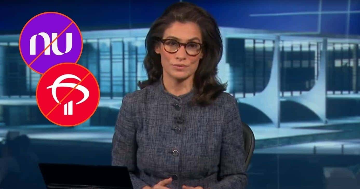 Logo Nubank, Bradesco, bloqueio e Renata Vasconcellos no Jornal Nacional (Fotos: Reproduções / Internet / Canva / Globo)