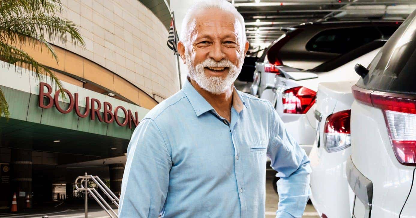Bourbon, idoso e estacionamento de shopping (Fotos: Reproduções / Divulgações / Canva)