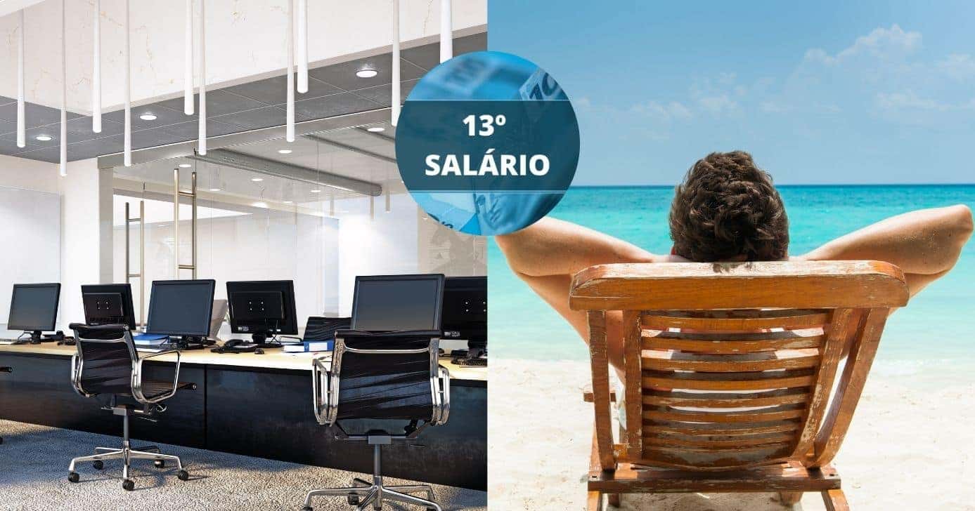 Escritório, 13º salário e homem na praia (Fotos: Reproduções / Canva / Internet)