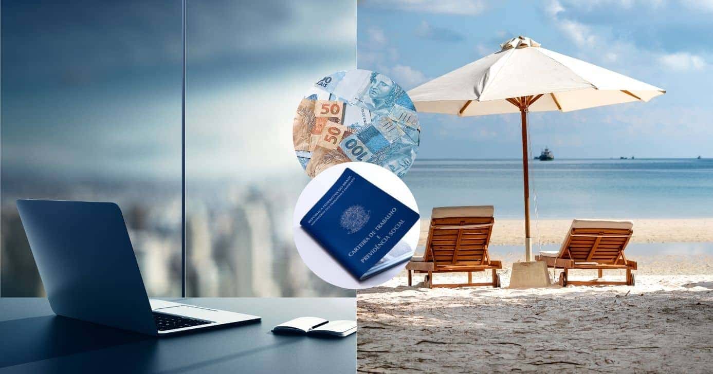 Escritório, notas de real, carteira de trabalho e praia (Fotos: Canva)