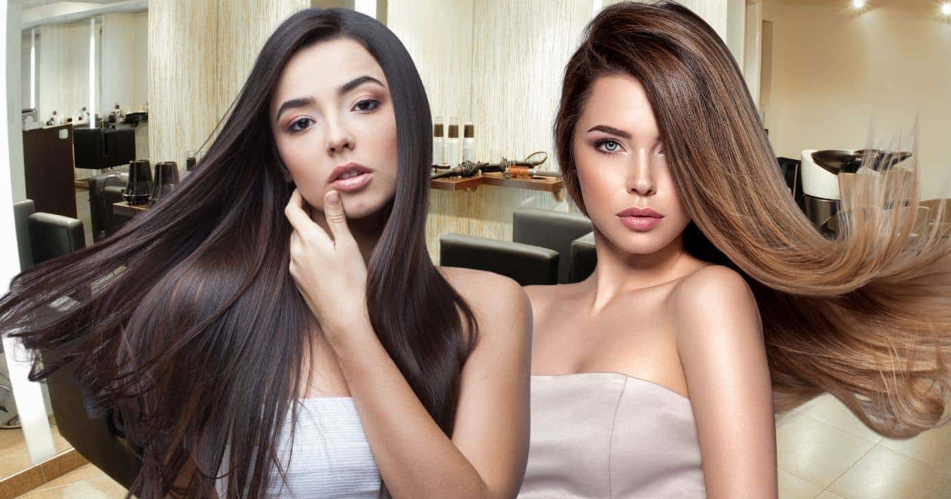 Salão e mulheres com o cabelo liso (Fotos: Canva)