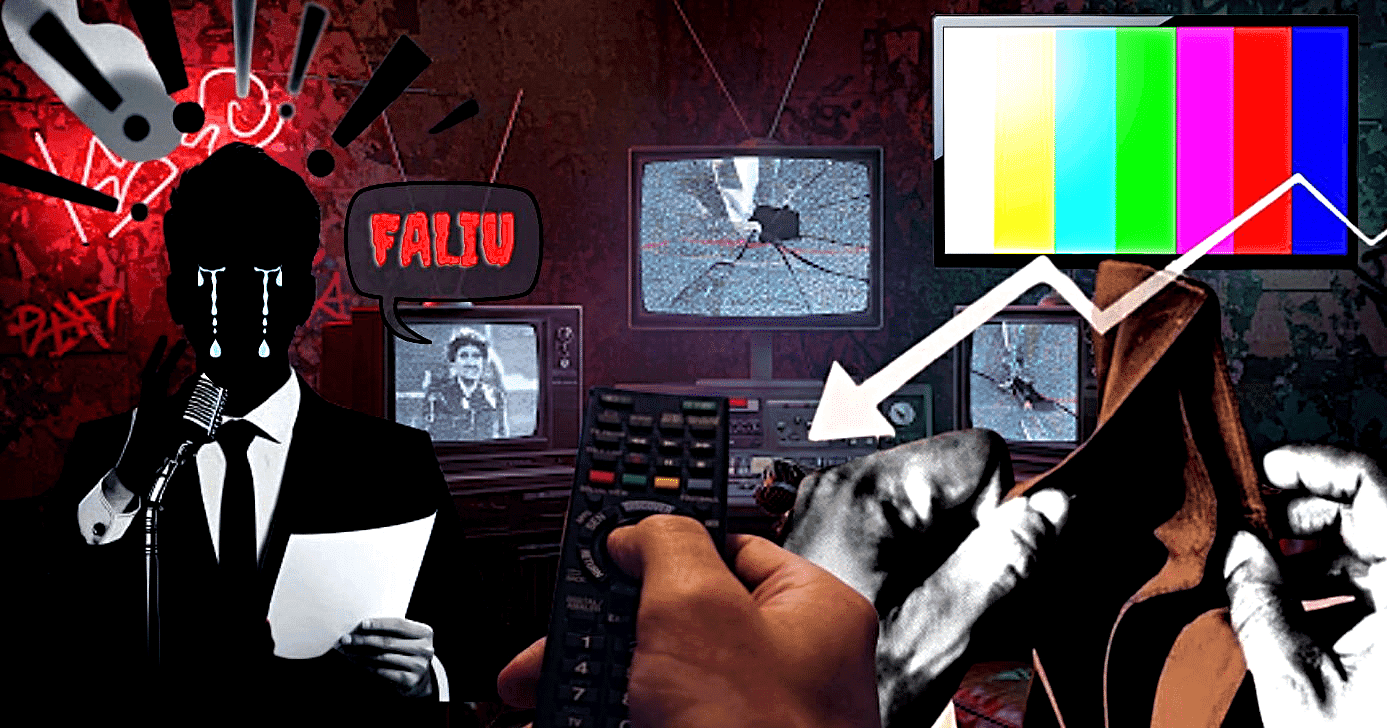 Ilustração que retrata a falência de uma emissora de TV (Foto Reprodução/Montagem/Lennita/Tv Foco/Canva/Pinterest)