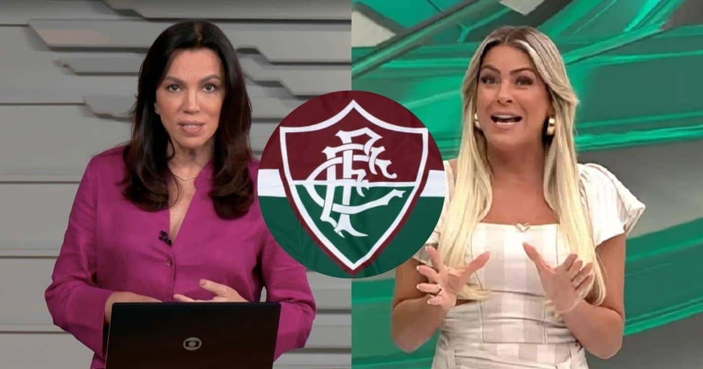 Ana Paula Araújo no Bom Dia Brasil, bandeira do Fluminense e Renata Fan no Jogo Aberto (Fotos: Reproduções / Globo / Internet / Band)