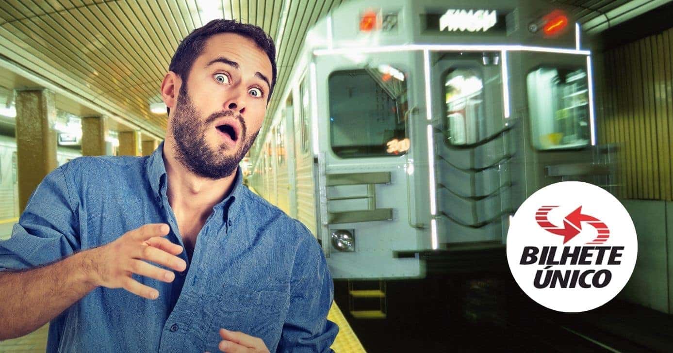 Homem assustado, metrô e logo do Bilhete Único (Fotos: Reproduções / Canva / Internet)