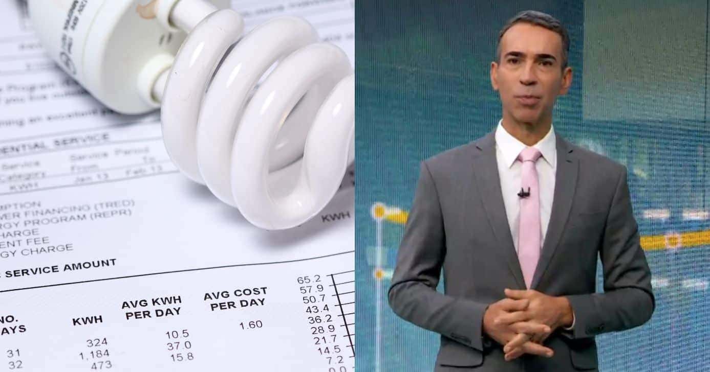Ilustração conta de luz e César Tralli no Jornal Hoje (Fotos: Reproduções / Canva / Globo)