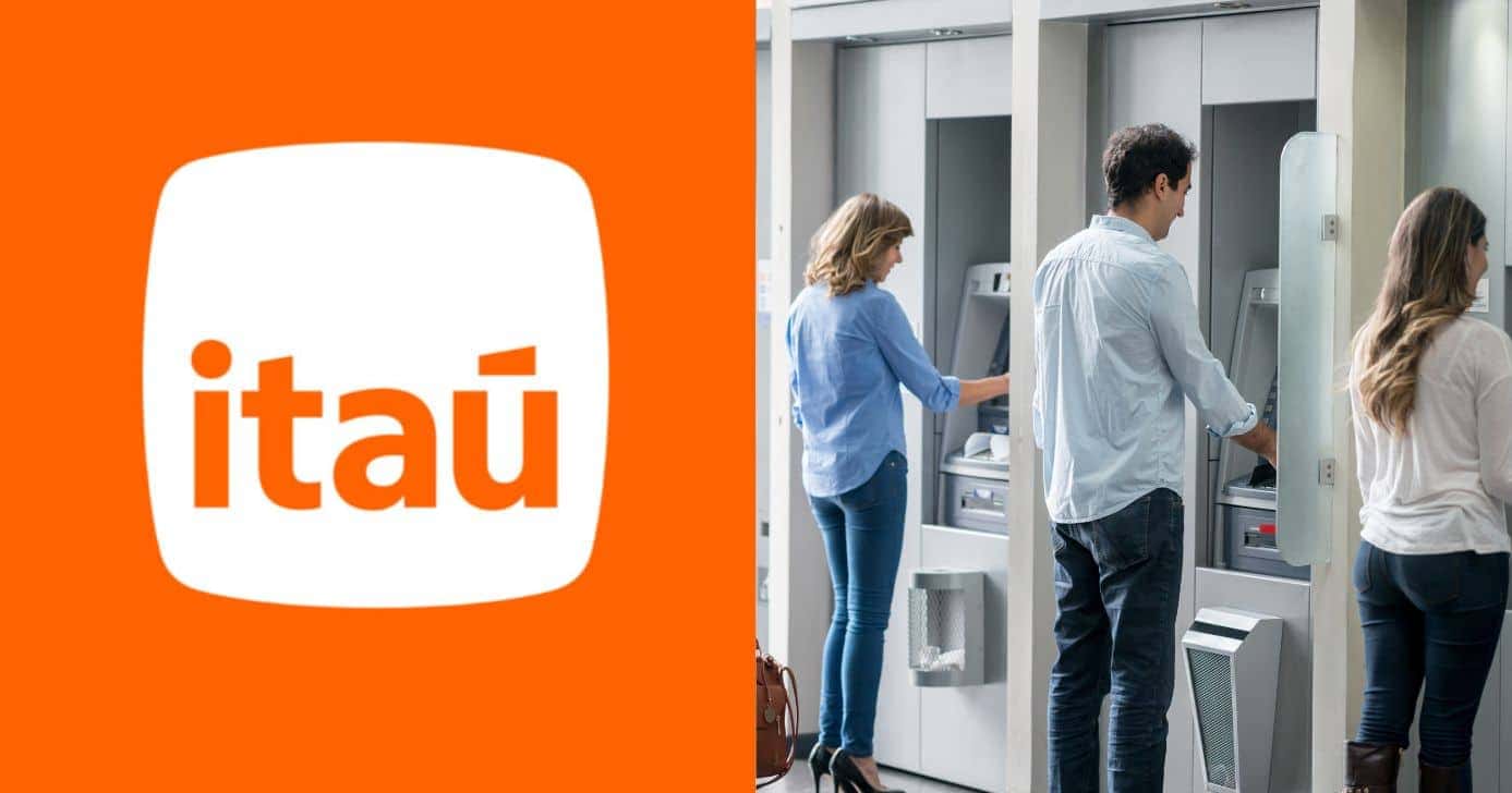 Logo Itaú e pessoas em agência (Fotos: Reproduções / Internet / Canva)