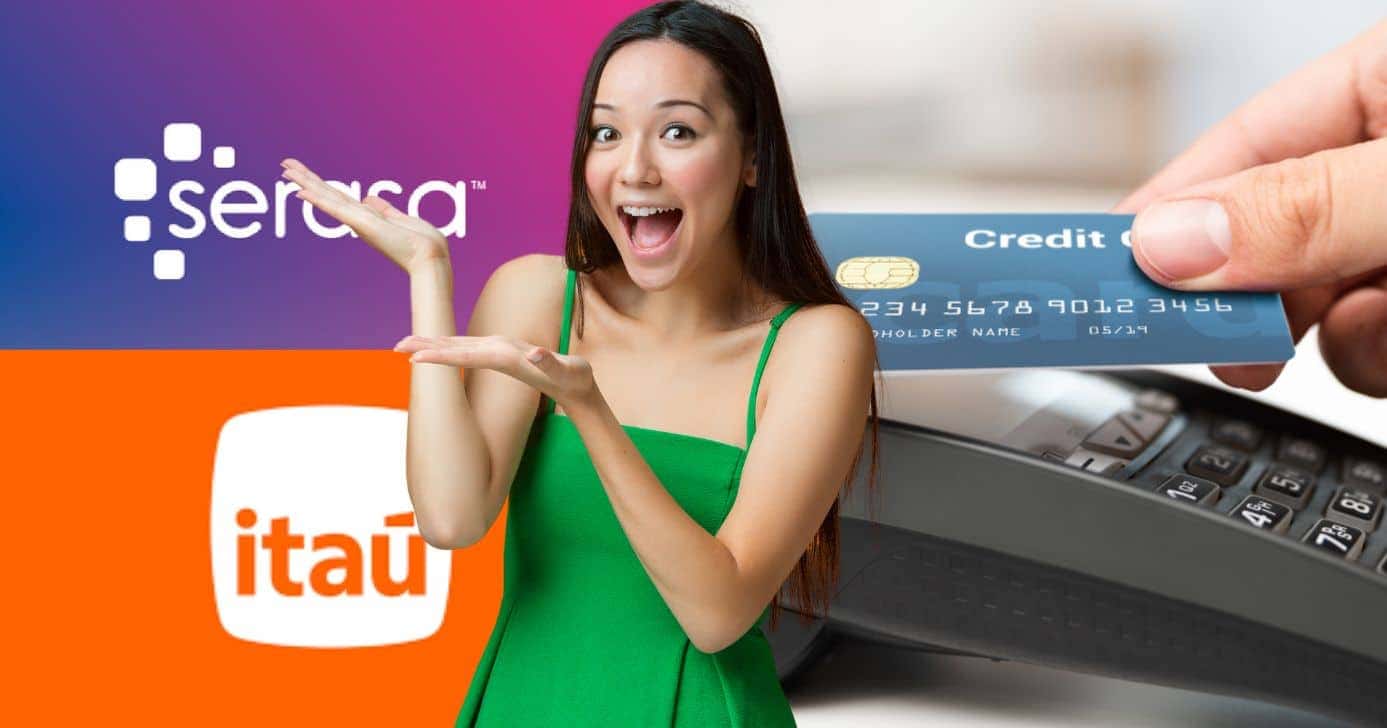 Logo Serasa, Itaú, mulher feliz e cartão de crédito (Fotos: Reproduções / Internet / Canva)