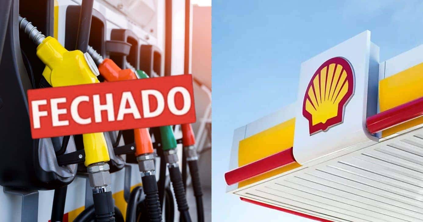 Posto de gasolina, placa fechada e shell (Fotos: Reproduções / Canva / site oficial da Shell)