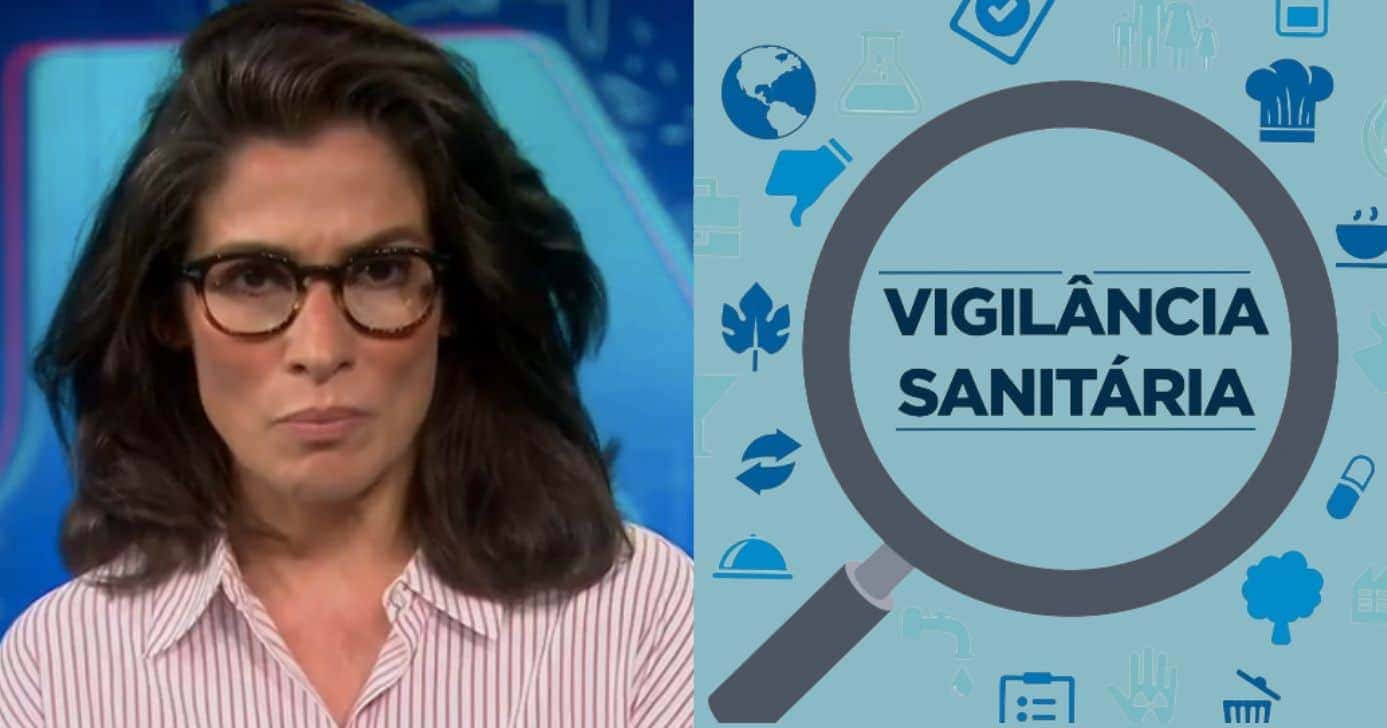 Renata Vasconcellos no Jornal Nacional. e ilustração Vigilância Sanitária (Fotos: Reproduções / Globo / Internet)