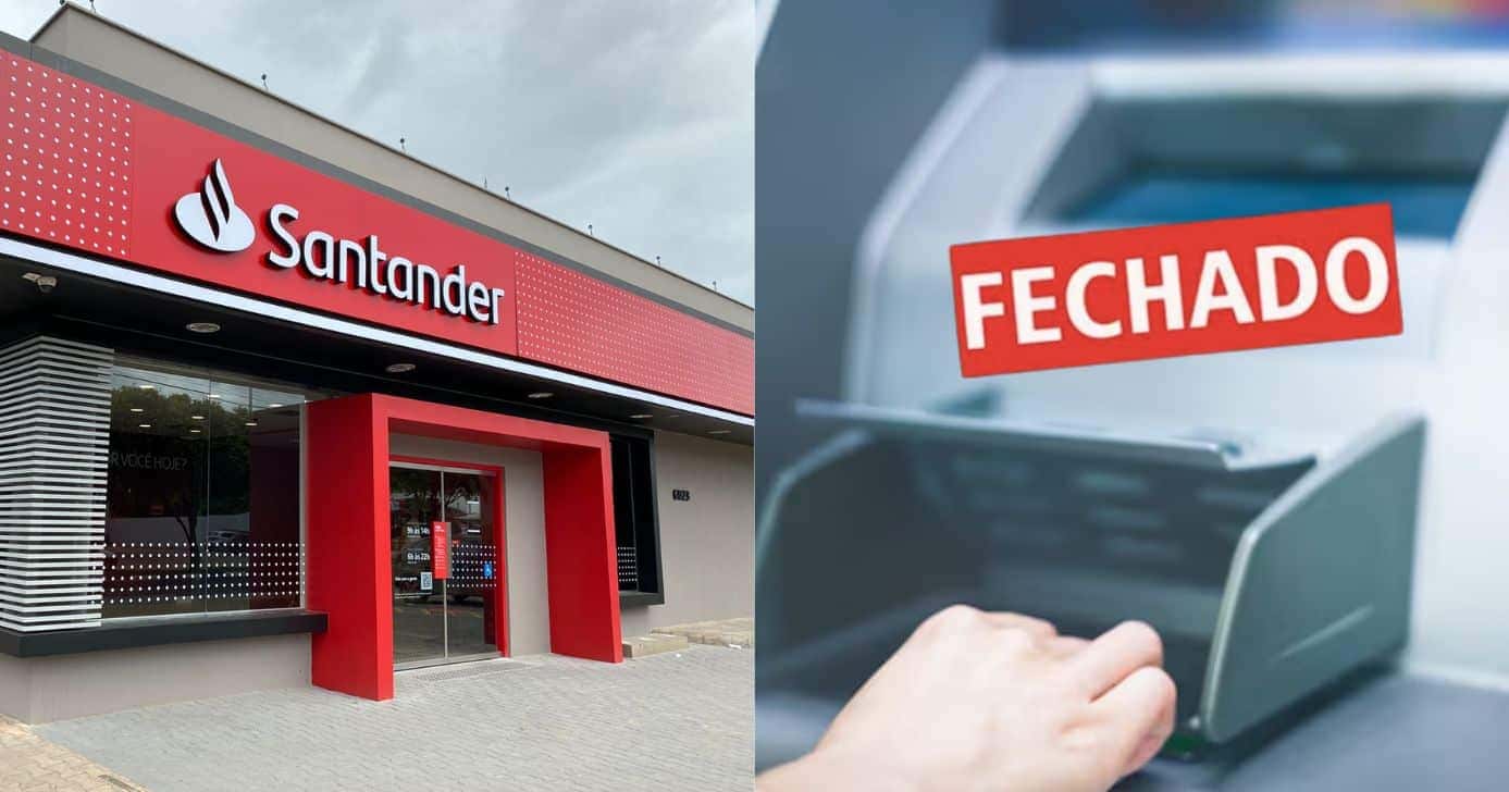 Santander, ilustração banco e placa fechado (Fotos: Reproduções / Internet / Canva)