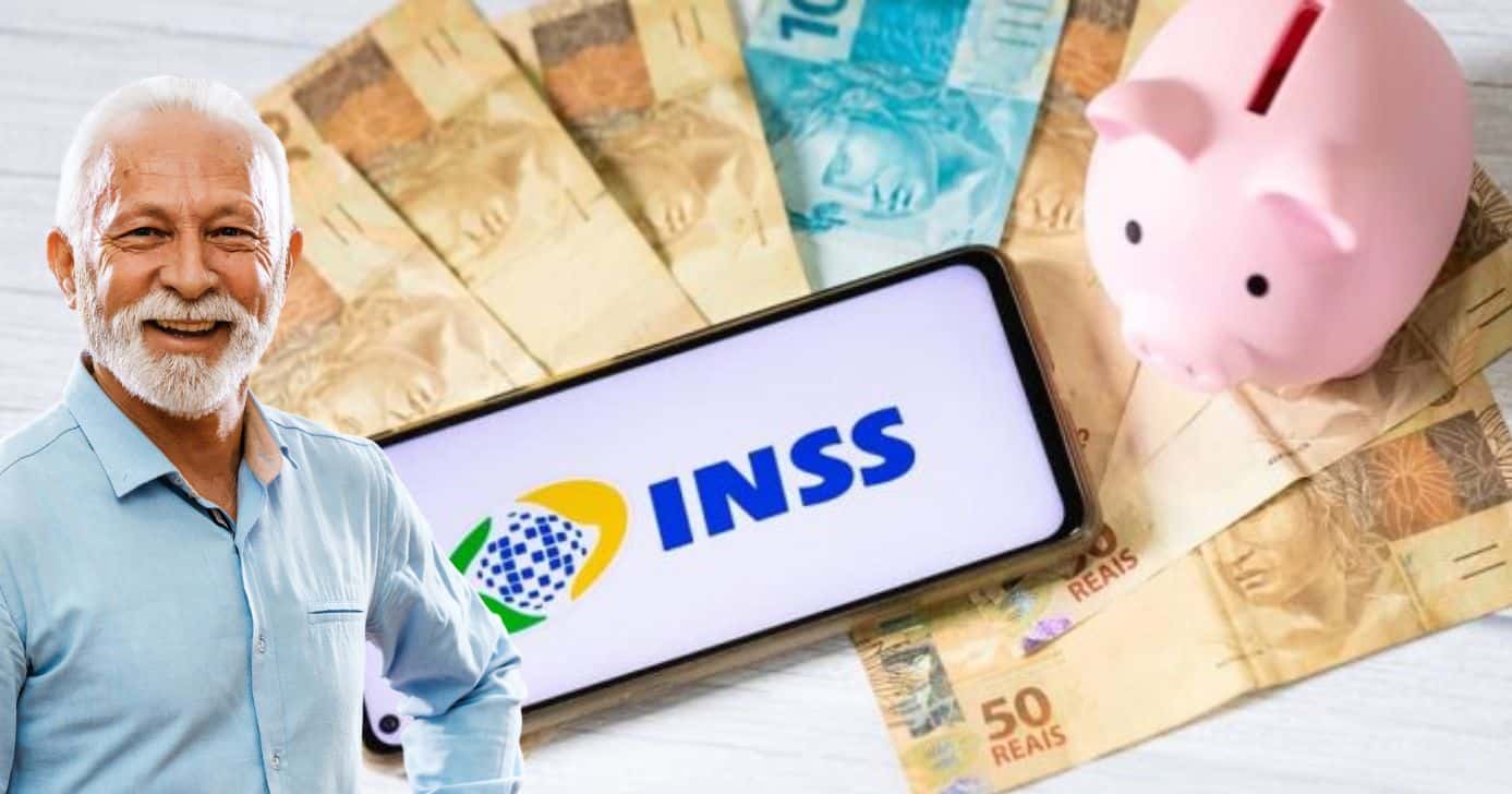 Idoso, logo do INSS e notas de Real (Fotos: Reproduções / Canva / Internet)