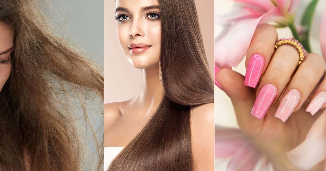 Mulher com cabelo seco, hidratado e unhas grandes (Fotos: Canva)