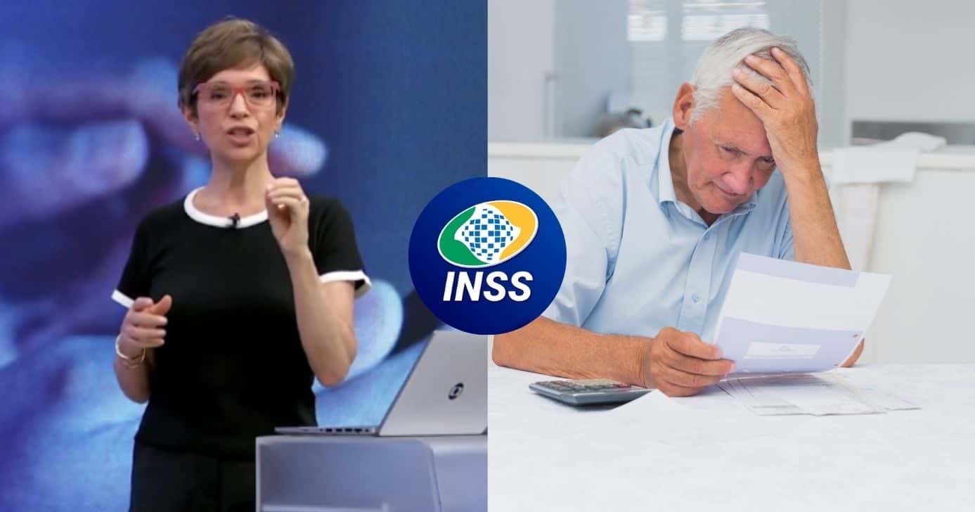 Renata Lo Prete no Jornal da Globo, logo do INSS e idoso (Fotos: Reproduções / Globo / Internet / Canva)