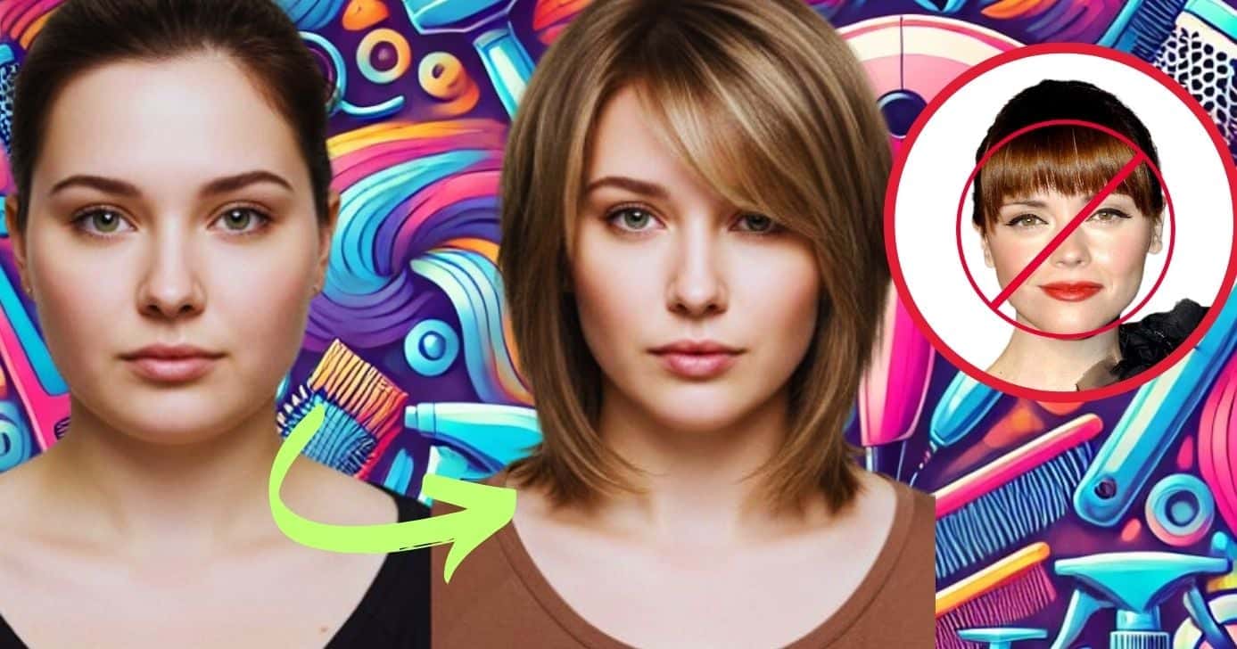 Ilustração de corte de cabelo que afina o rosto - antes e depois (Foto Reprodução/Montagem/Tv Foco/Lennita/GMN/Canva/Pinterest)