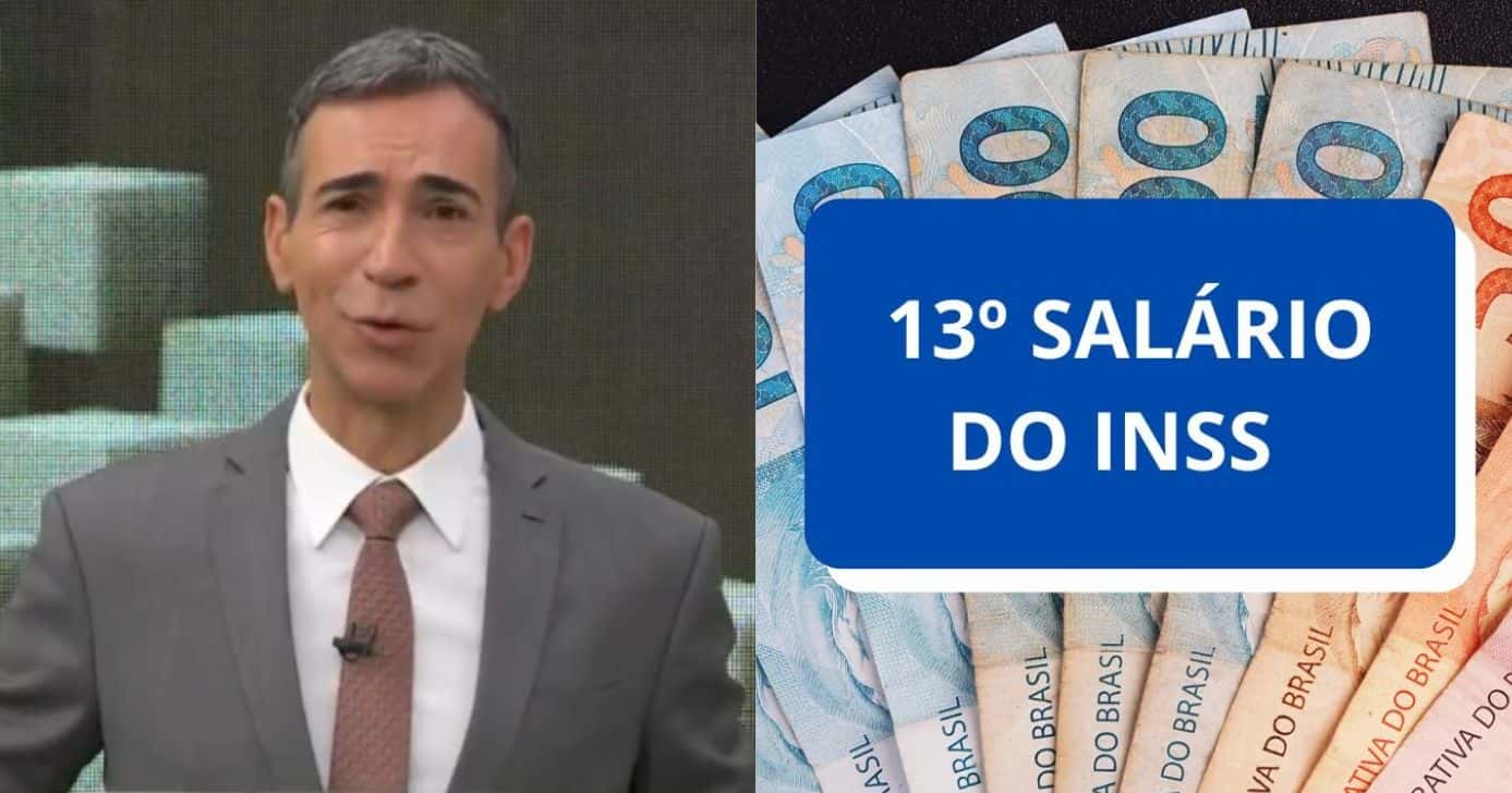César Tralli no Jornal Hoje e ilustração 13º salário do INSS (Fotos: Reproduções / Globo / Canva)