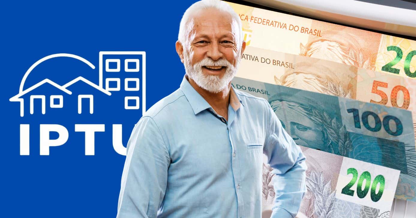 Ilustração ITPU, idoso e notas de Real (Fotos: Canva)