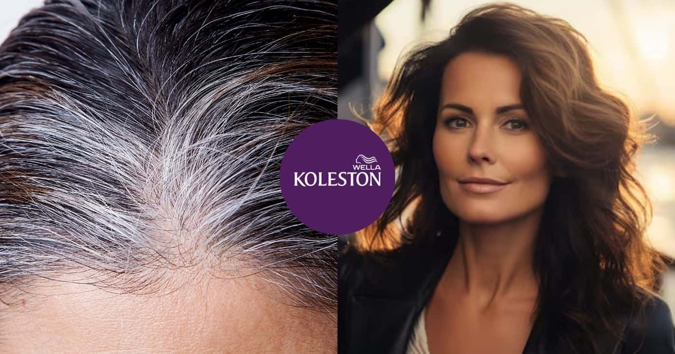 Ilustração antes e depois de cabelo branco e logo Koleston (Fotos: Reproduções / Canva / Freepik / Internet)