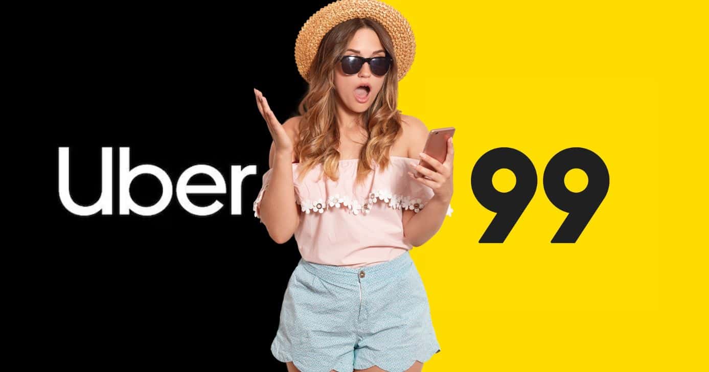 Logo Uber, mulher chocada e logo 99 (Fotos: Reproduções / Internet / Canva)