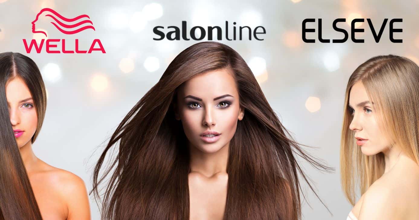 Logo Wella, Salon Line, Elseve e mulheres com o cabelo liso (Fotos: Reproduções / Internet / Canva)