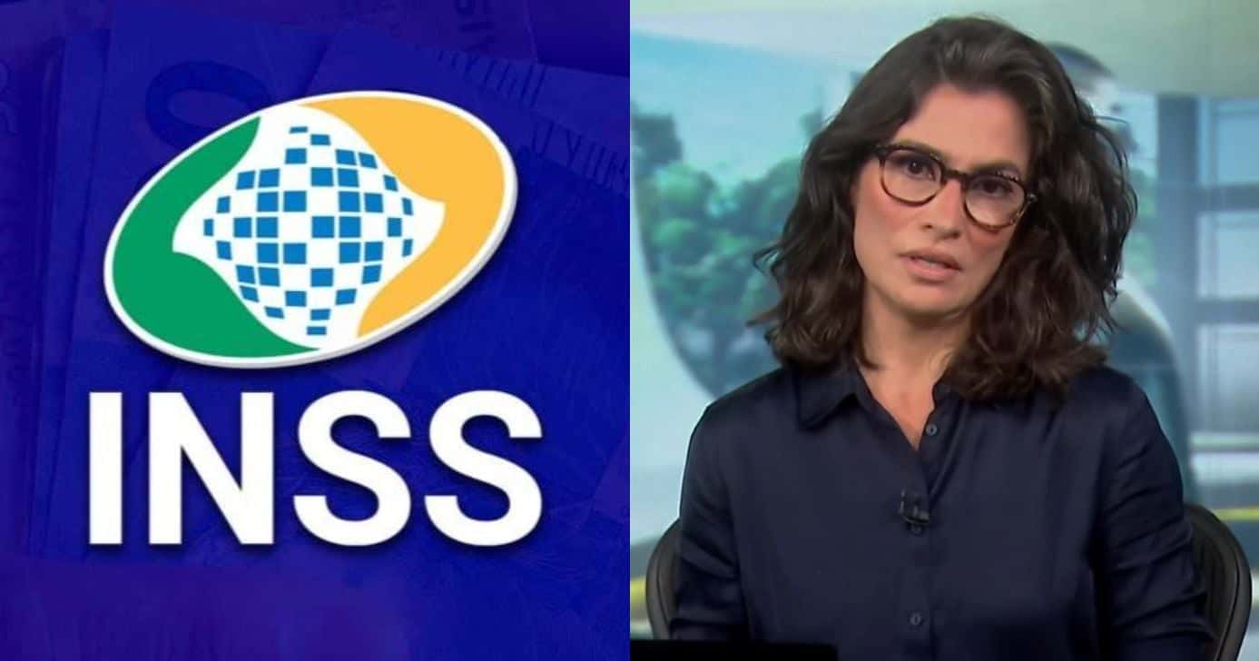 Logo do INSS e Renata Vasconcellos no Jornal Nacional (Fotos: Reproduções / Internet / Globo)