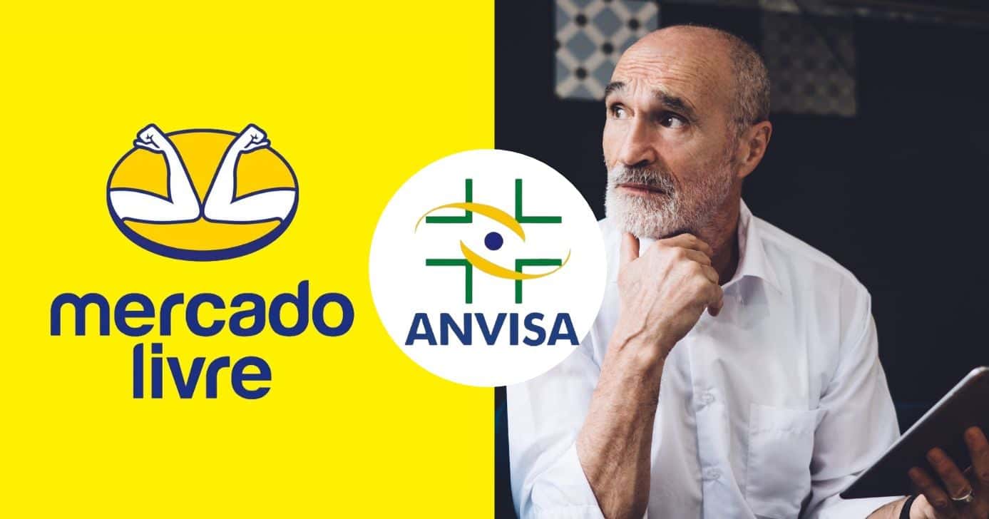 Mercado Livre, logo da Anvisa e idoso preocupado (Fotos: Reproduções / Internet / Canva)