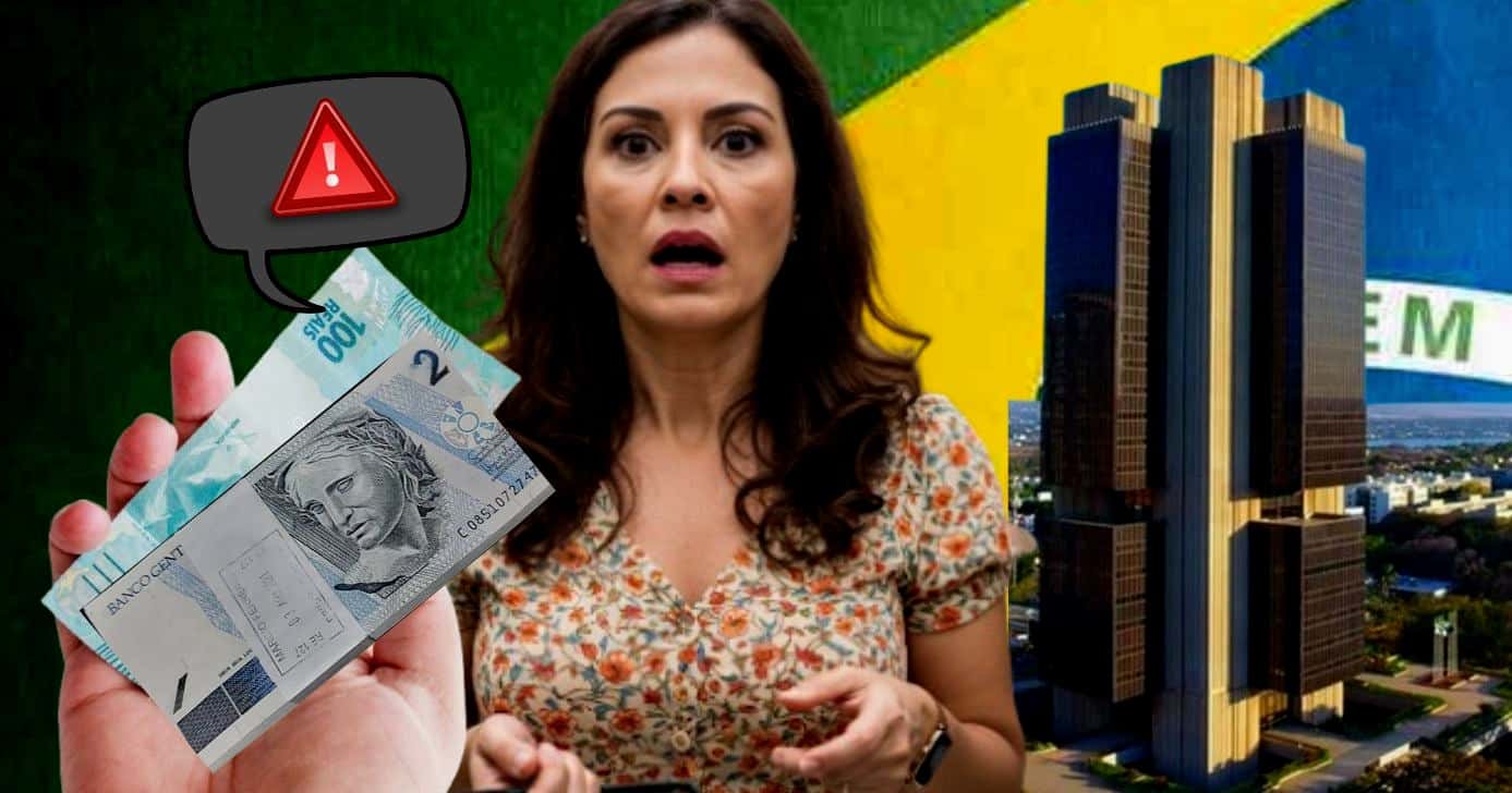Ilustração de mulher assustada/dinheiro/Banco Central (Foto Reprodução/Montagem/Lennita/Canva/Tv Foco/BC)