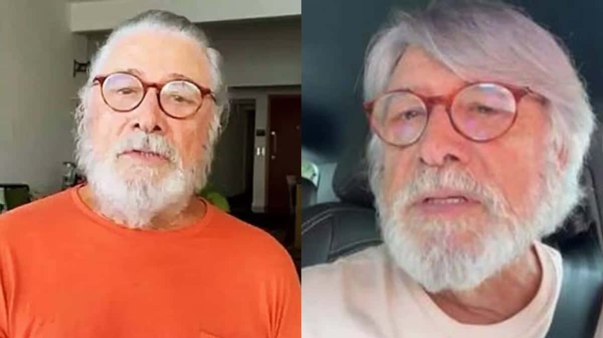 Sérgio Chapelin, barbudo, com cabelos brancos e compridos (Fotos: Reprodução/ Globo/ YouTube/ Montagem)