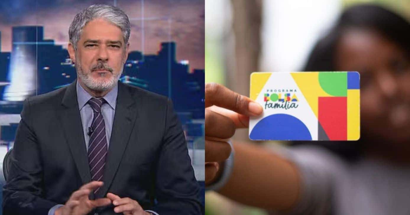 William Bonner no Jornal Nacional e mulher segurando cartão do Bolsa Família (Fotos: Reproduções / Globo / Lyon Santos / MDS)