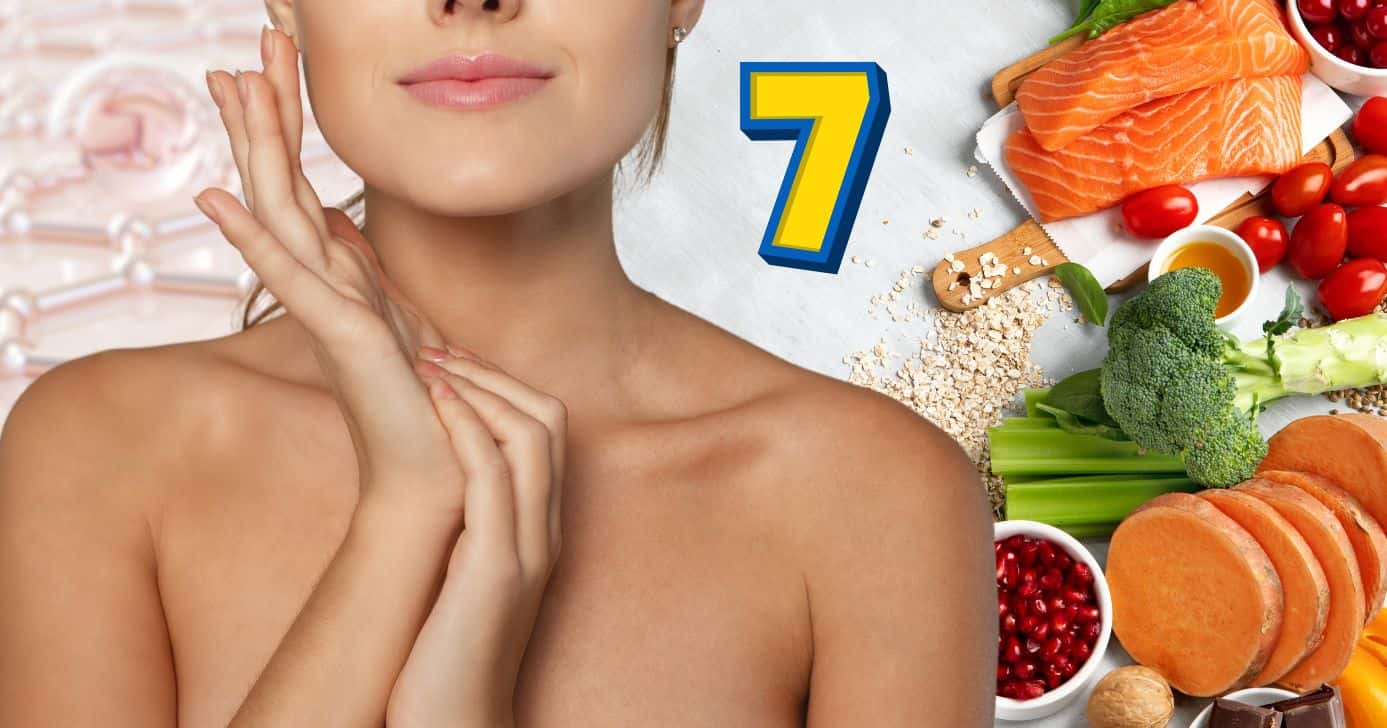 Alimentos que turbinam colágeno e mulher com pele de porcelana (Foto: Reprodução / Canva / Montagem TV Foco)