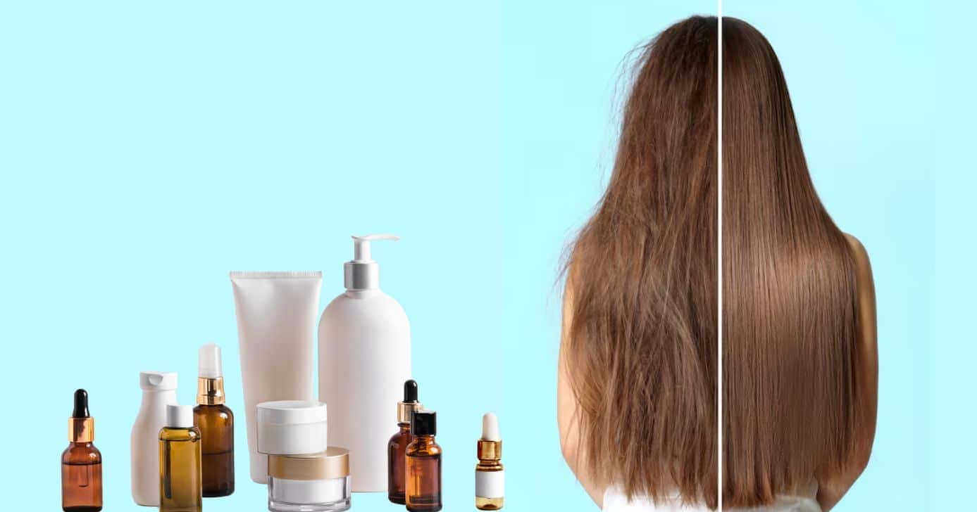 Produtos e mulher com cabelo liso (Fotos: Canva / Freepik)