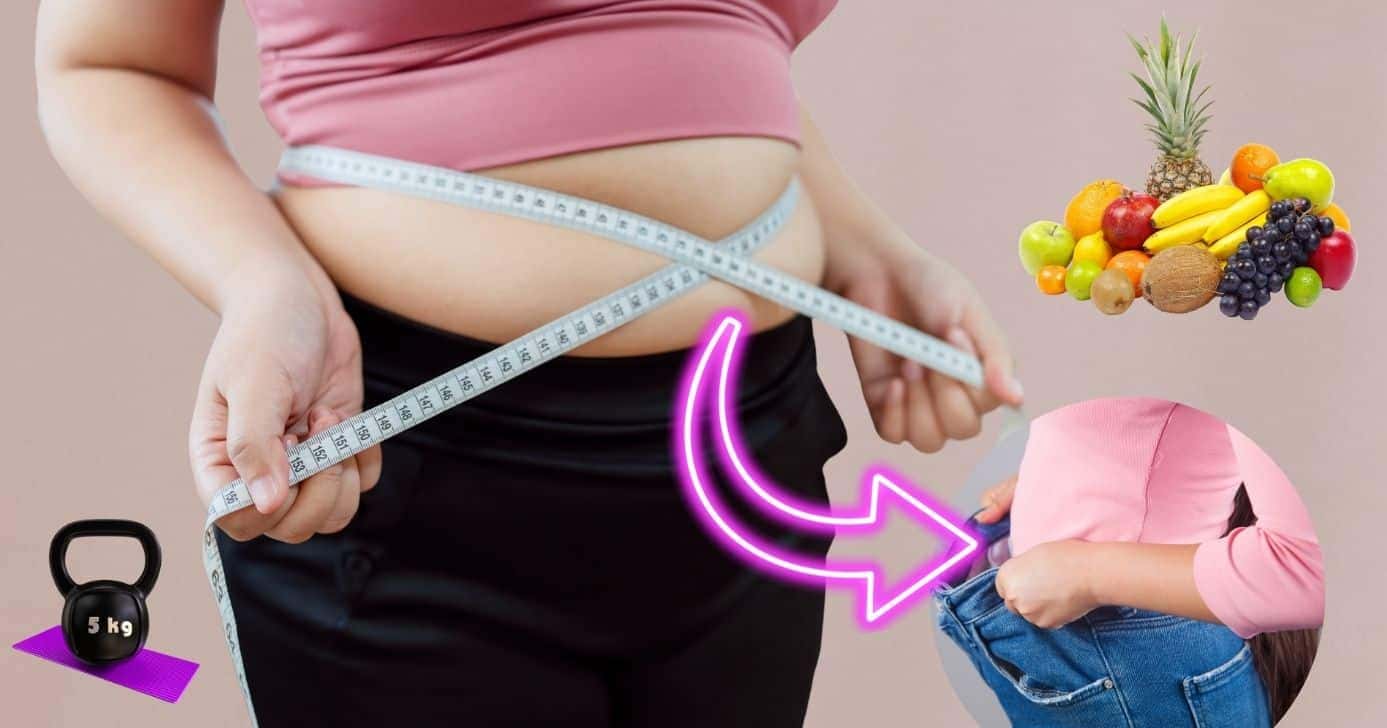 Ilustração de frutas tropicais e mulher com gordura na barriga (Foto: Reprodução / Canva / Montagem TV Foco)