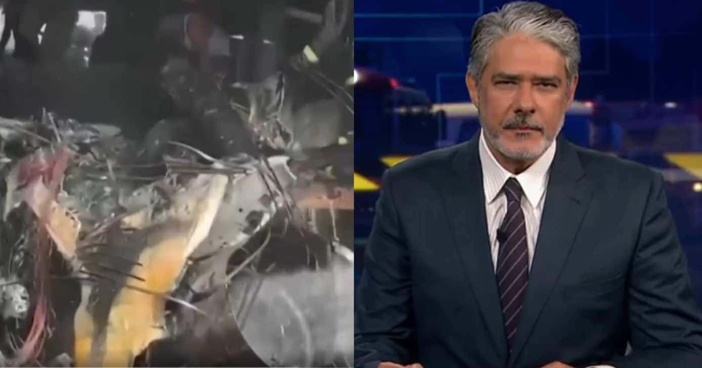 Destroços de avião e William Bonner no Jornal Nacional (Fotos: Reproduções / Globo)