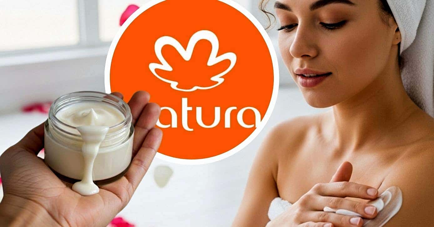 Ilustração de mulher passando hidratante no corpo com rastro de flores/logo da Natura (Foto Reprodução/Montagem/Lennita/Canva/TV Foco/Natura)