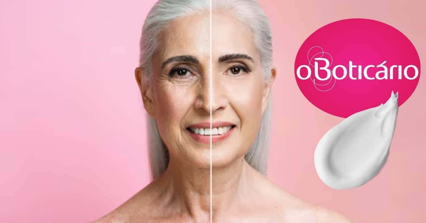 Ilustração antes e depois de rugas, logo do Boticário, e creme (Fotos: Reproduções / Freepik / Internet / Canva)