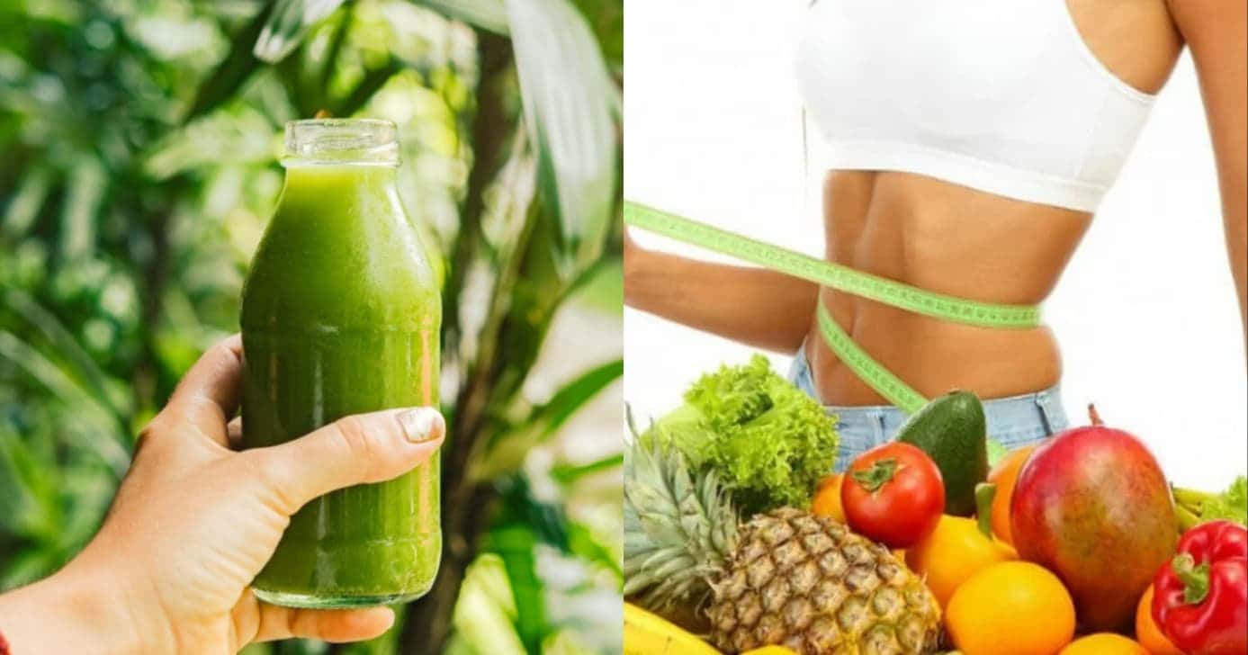 Imagem de um suco verde e mulher medindo sua cintura com uma fita (Foto: Reprodução/ Internet)