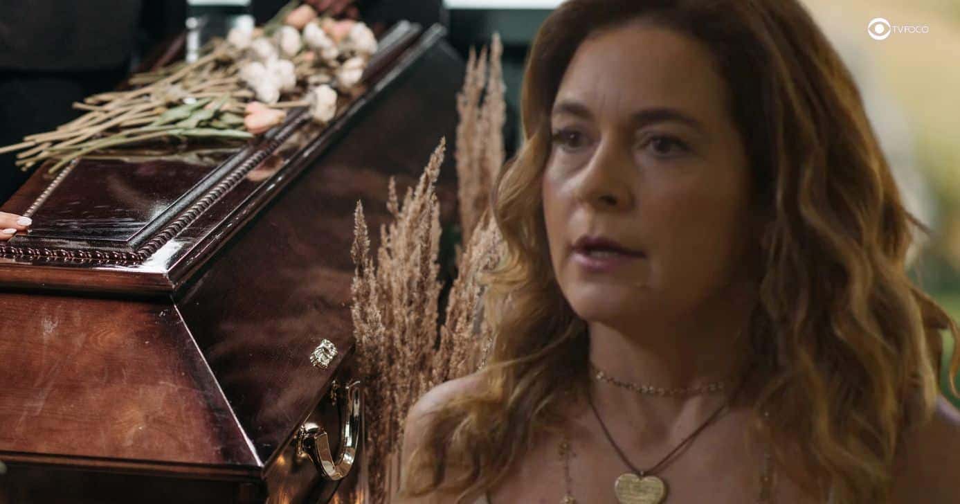 Filipa em Dona de Mim e ilustração de velório de Abel (Foto: Reprodução / Globo / Canva / Montagem TV Foco)