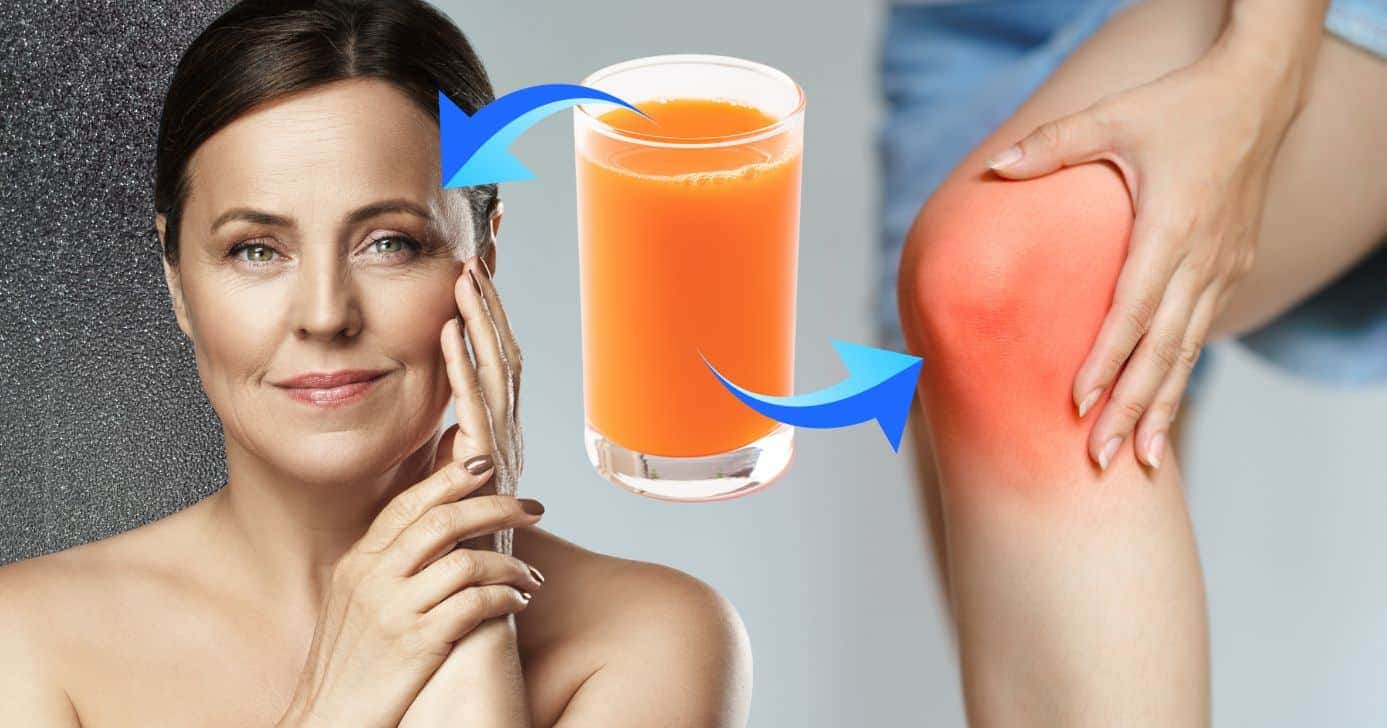 Mulher com rugas, suco natural e dores no joelho (Foto: Reprodução / Canva / Montagem TV Foco)