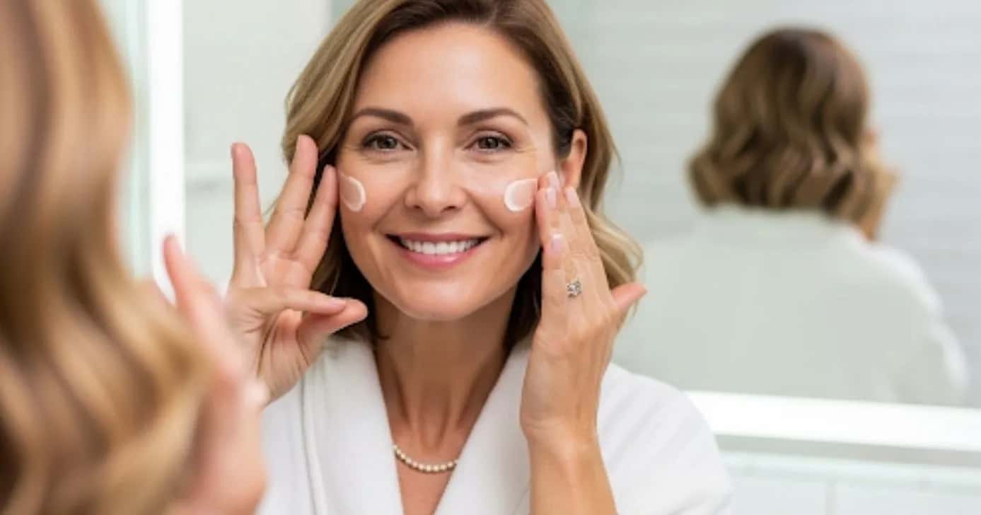 Ilustração de mulher de meia idade fazendo skincare (Foto Reprodução/GMN/Montagem/Tv Foco/Lennita/Tv Foco)