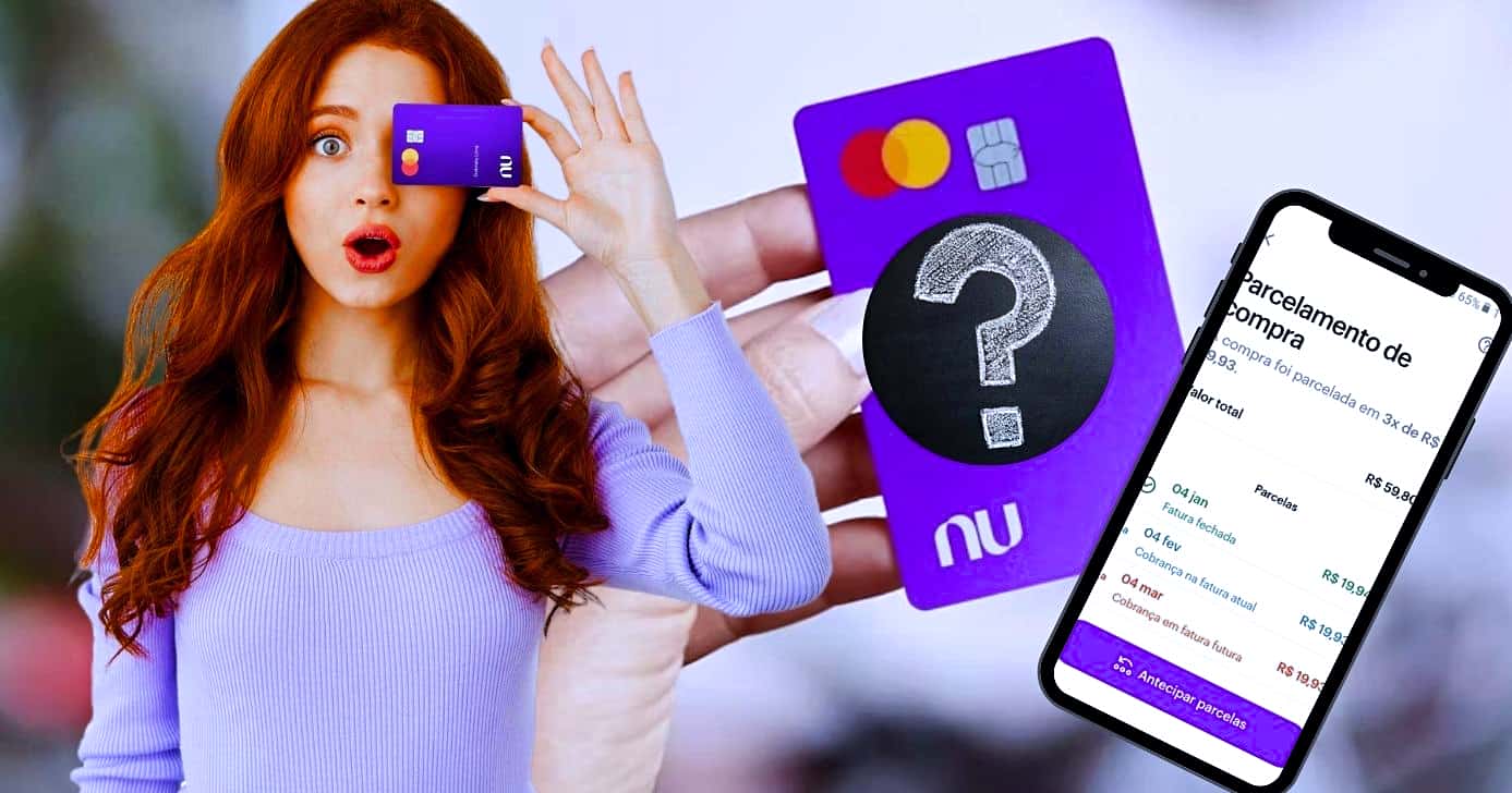 Ilustração mulher com cartão Nubank/app (Foto Reprodução/Montagem/Lennita/Tv Foco/Nubank/GMN/Mensagem do app)