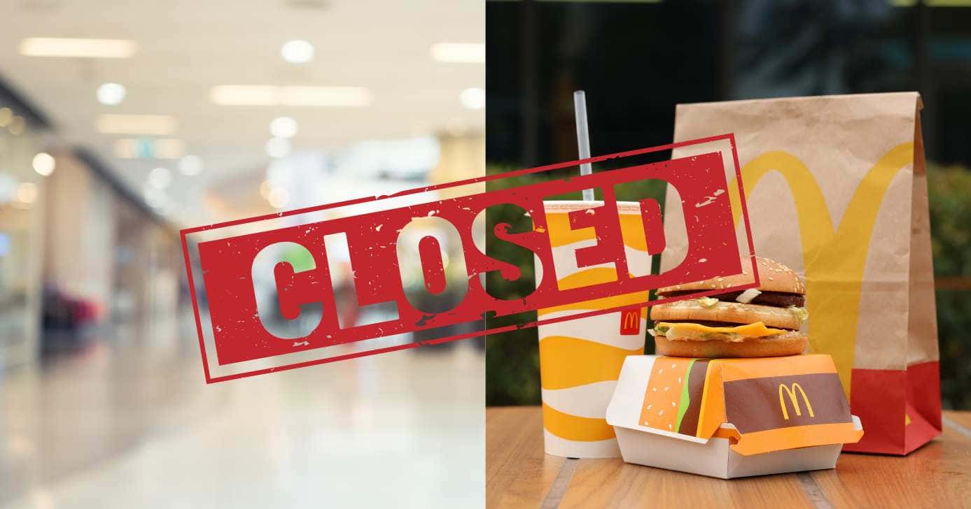 Ilustrações shopping, placa fechado e lanche do McDonald's (Fotos: Canva)