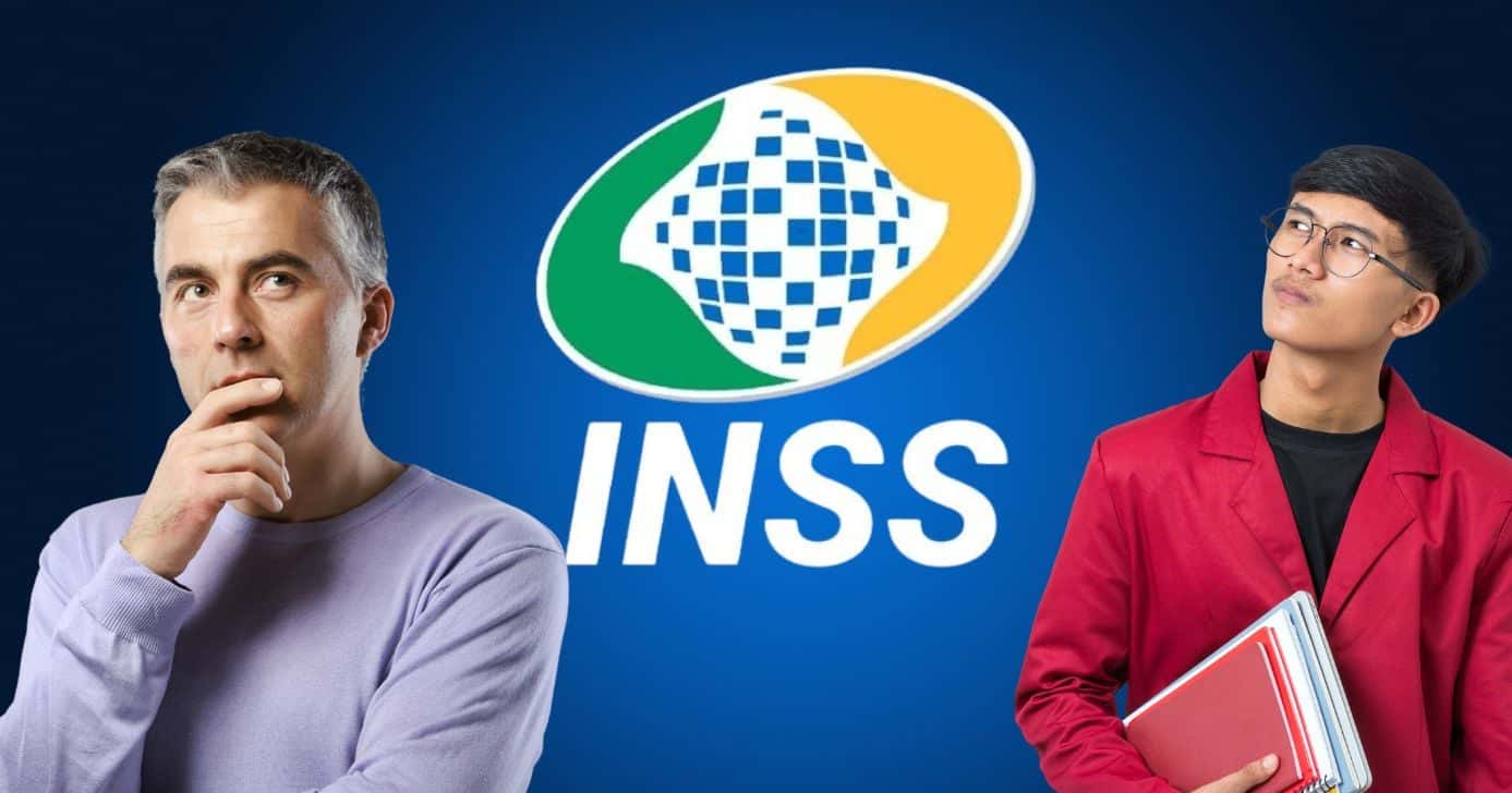 Homens e logo do INSS (Fotos: Canva)