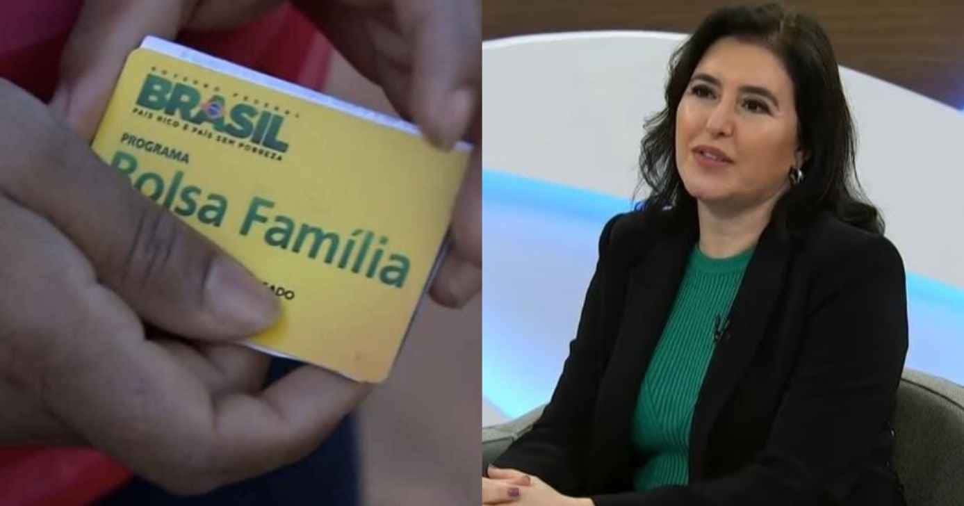 Pessoa segurando cartão do Bolsa Família e Simone Tebet (Fotos: Reproduções/ Globo / TV Cultura)