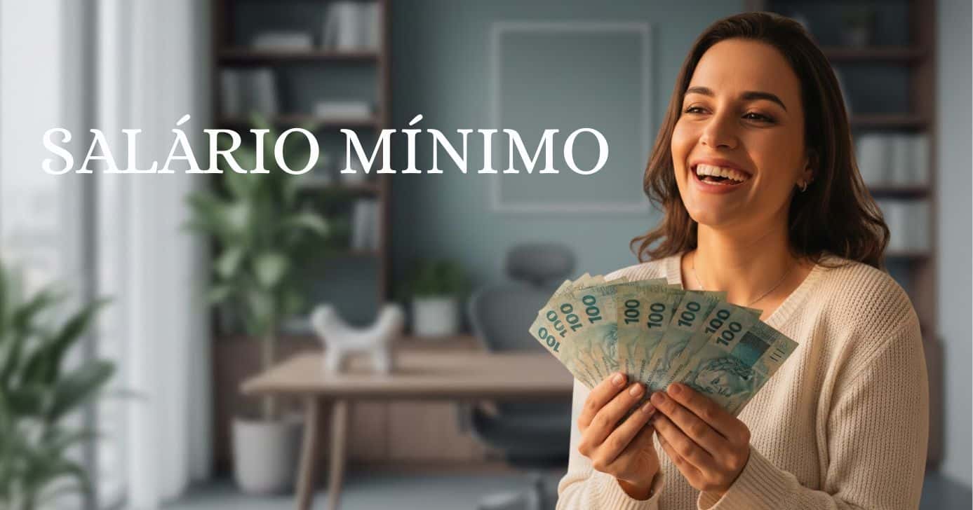 Ilustração salário mínimo e mulher segurando notas de cem reais (Foto: Montagem TV Foco / GMN)