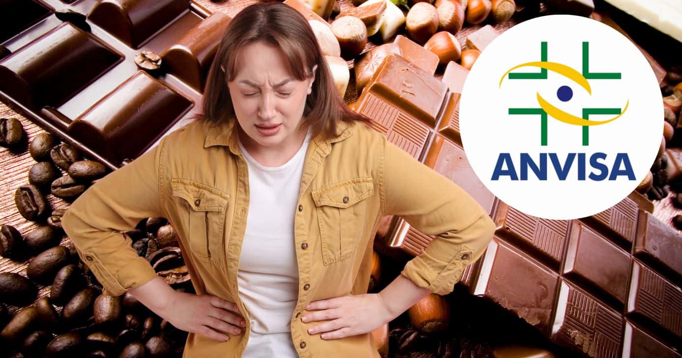 Logo Anvisa e ilustrações chocolates e mulher com dor de barriga (Fotos: Montagem TV Foco / Internet / Canva)