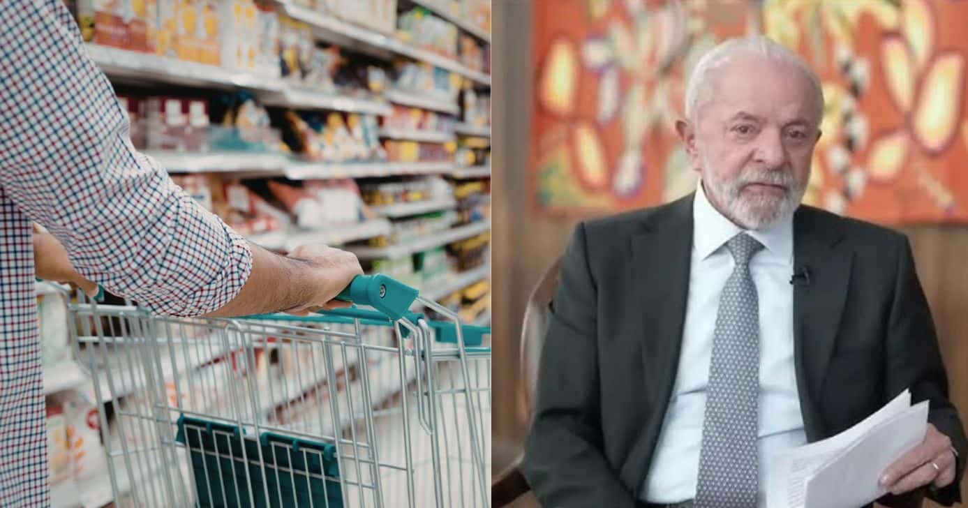 Homem no mercado e Luiz Inácio Lula da Silva (Fotos: Reproduções / Canva / Globo)