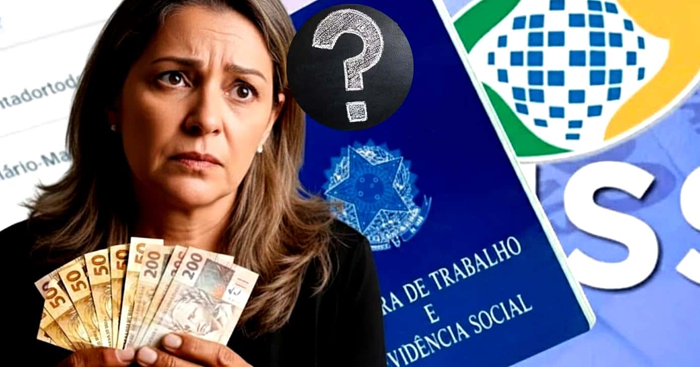 Ilustração mulher pensativa/CLT/valores em dinheiro/INSS (Foto Reprodução/Montagem/TV Foco/Canva/GMN/Lennita)