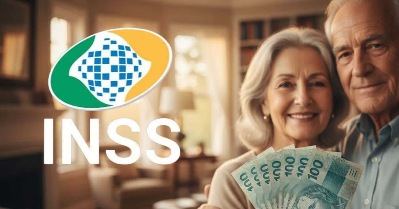 Logo do INSS e casal de idosos segurando notas de cem reais (Foto: Montagem TV Foco / GMN / Internet)
