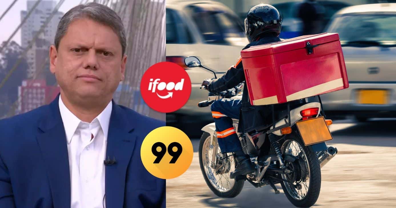 Tarcísio de Freitas, logo iFood, 99 e motoqueiro (Fotos: Reproduções / Globo / Internet / Canva)