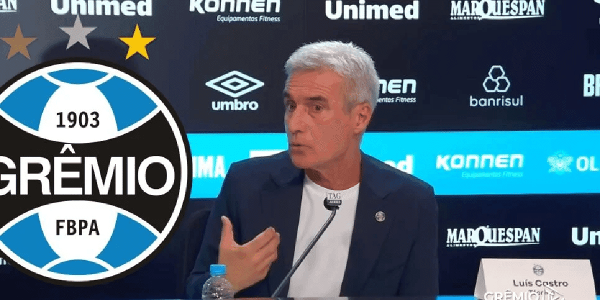 Luís Castro e logo do Grêmo (Foto: Reprodução/ Grêmio TV)